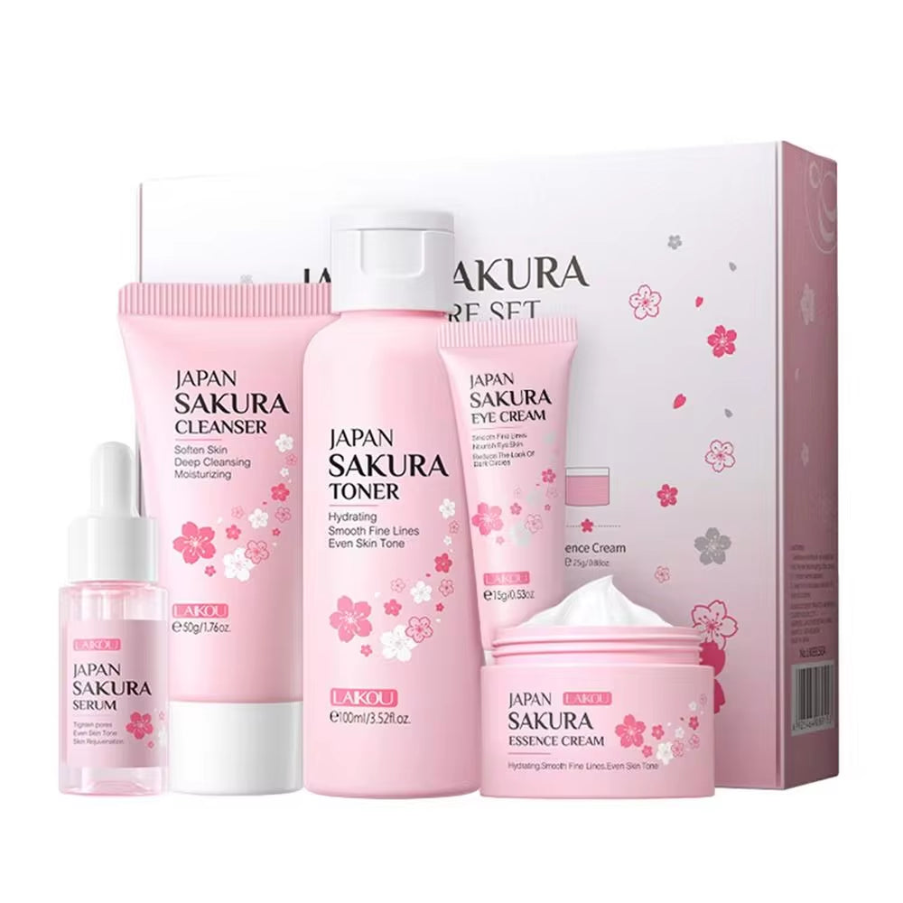 Sakura Facial Cleaner Korean Face Serum anti Acne Peeling Gel Moisturize Fade Dark Circles Eye Cream Skin Care Set Women Gift