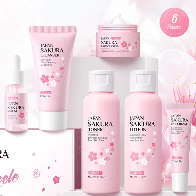 Sakura Facial Cleaner Korean Face Serum anti Acne Peeling Gel Moisturize Fade Dark Circles Eye Cream Skin Care Set Women Gift