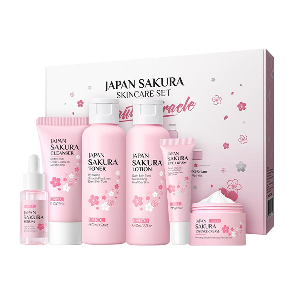 Sakura Facial Cleaner Korean Face Serum anti Acne Peeling Gel Moisturize Fade Dark Circles Eye Cream Skin Care Set Women Gift