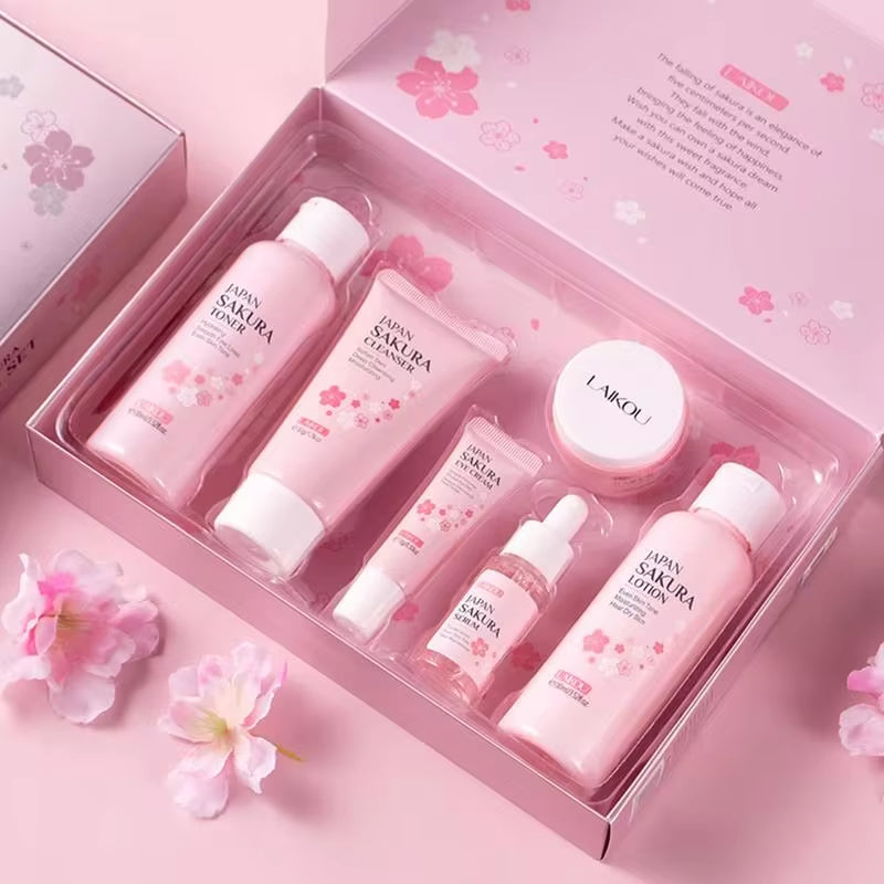 Sakura Facial Cleaner Korean Face Serum anti Acne Peeling Gel Moisturize Fade Dark Circles Eye Cream Skin Care Set Women Gift