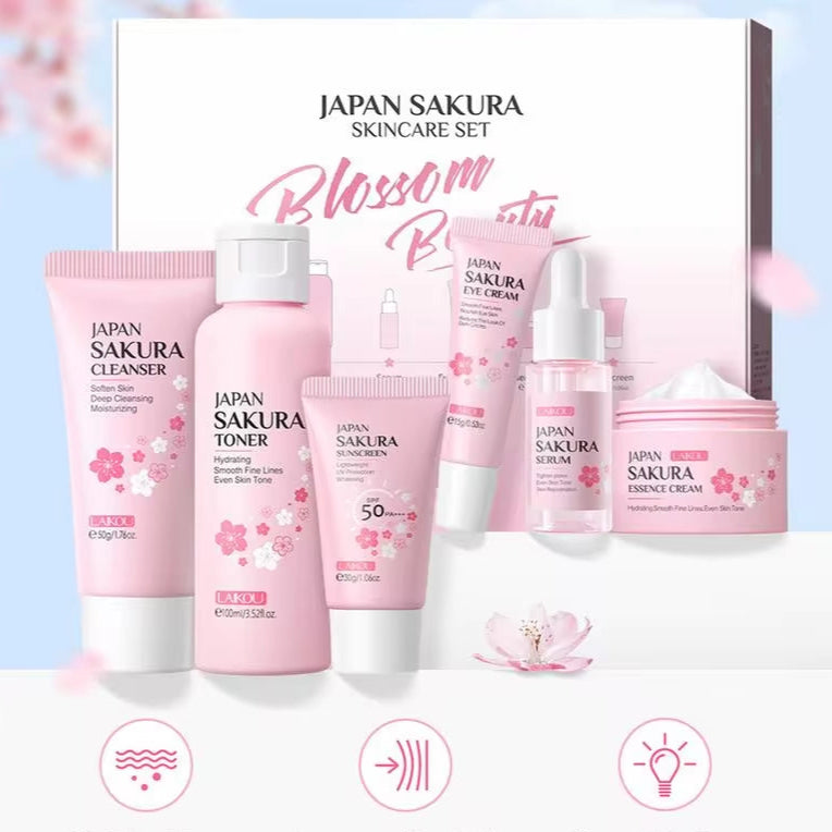 Sakura Facial Cleaner Korean Face Serum anti Acne Peeling Gel Moisturize Fade Dark Circles Eye Cream Skin Care Set Women Gift