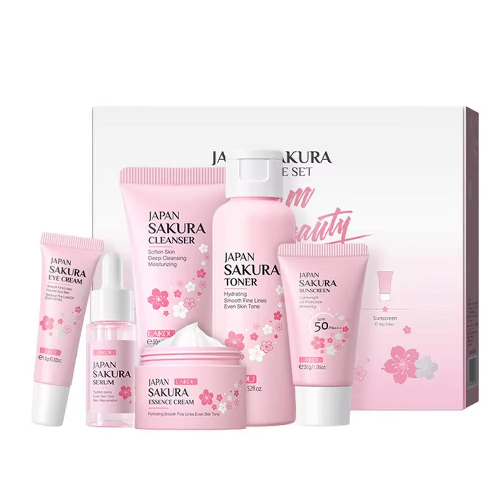 Sakura Facial Cleaner Korean Face Serum anti Acne Peeling Gel Moisturize Fade Dark Circles Eye Cream Skin Care Set Women Gift